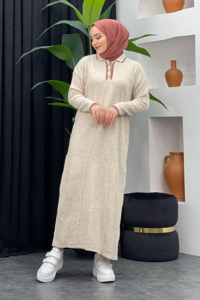 Yarım Düğmeli Triko Elbise Taş / Yakası Pudra