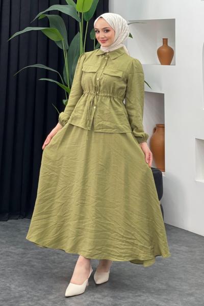 Yazlık Tarz Etekli Takım Yağ Yeşili