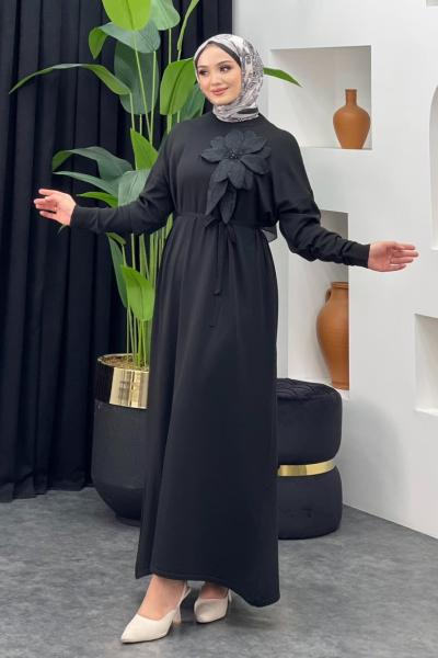 Zambak Merserize Elbise Siyah
