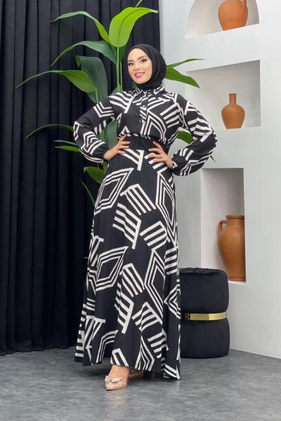 Zebra Desenli Elbise Siyah