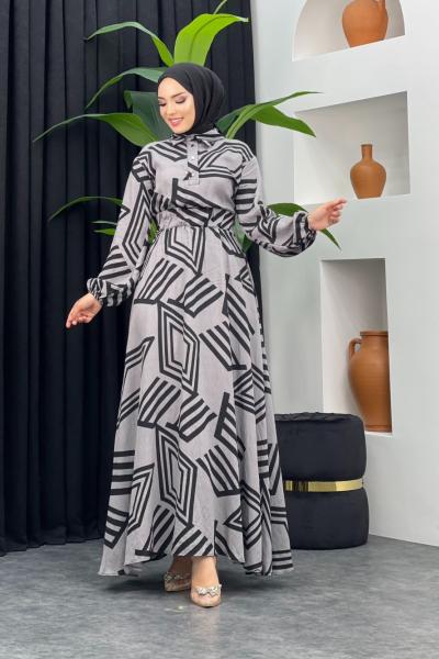 Zebra Desenli Elbise Gri