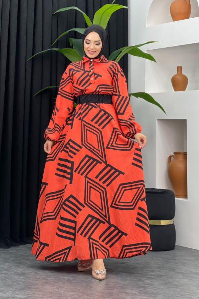 Zebra Desenli Elbise Turuncu