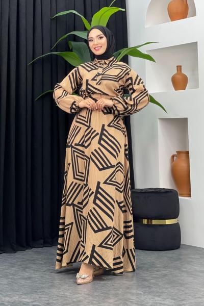 Zebra Desenli Elbise Camel